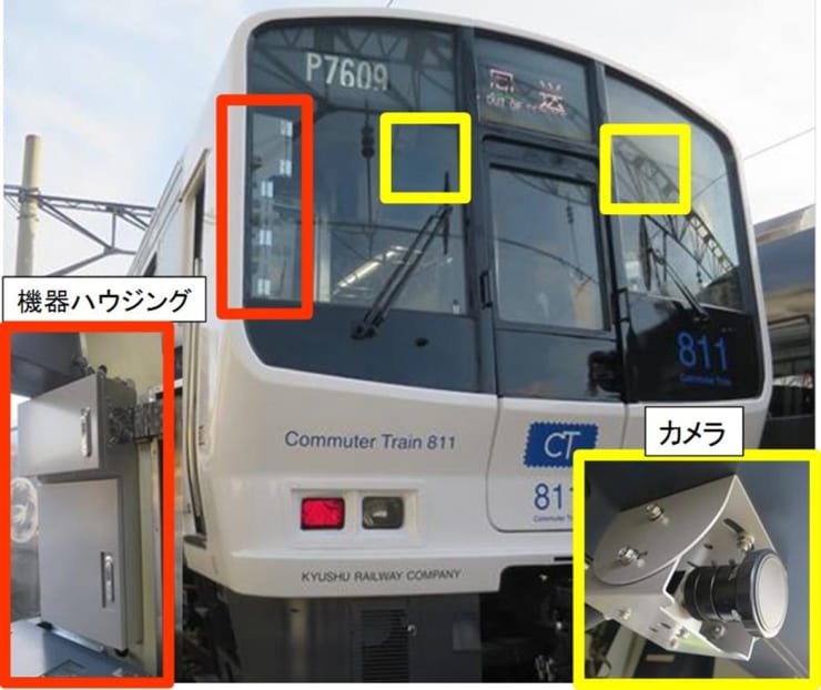 列車先頭に取り付けられたステレオカメラ（黄色枠箇所）　（画像提供：JR九州）