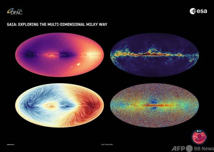 欧州宇宙機関（ESA）の宇宙望遠鏡「ガイア」が収集した最新データに基づき作成された天の川銀河の恒星分布図（右下）など（2022年6月13日公開）。(c)AFP PHOTO : ESA
