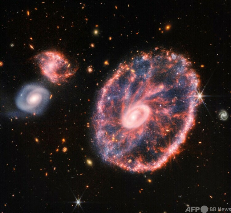 ジェームズ・ウェッブ宇宙望遠鏡が撮影した「車輪銀河」と伴銀河。近赤外線カメラNIRCamと中赤外線機器MIRIによる画像を合成して作成（2022年8月2日公開）。(c)AFP/Space Telescope Science Institut/ESA/Webb