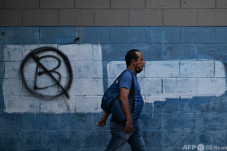 エルサルバドルの首都サンサルバドルで、壁に描かれた反ビットコイン運動のシンボル（2022年10月18日撮影）。(c)Marvin RECINOS : AFP