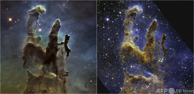 「創造の柱」。ジェームズ・ウェッブ宇宙望遠鏡が撮影した近赤外線画像（右）と、ハッブル宇宙望遠鏡が2014年に撮影した可視光画像。砂漠からそびえ立つ尖塔（せんとう）やアーチのように見える。若い星が形成されつつある領域で、「柱」内部は半透明のガスと塵（ちり、固体微粒子）で満たされ、刻々と形を変える（2022年10月19日提供）。(c)AFP PHOTO / NASA/ESA/CSA