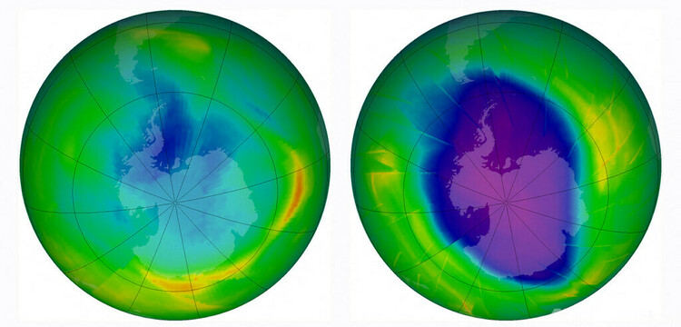 米航空宇宙局（NASA）のウェブサイト「アース・オブザバトリー」に掲載されたオゾン層に開いた穴（オゾンホール）の大きさと形状の比較画像。左は1979年、右は2009年の観測（2009年12月1日公開）。(c)Handout / NASA / AFP