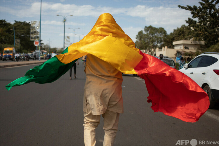 マリ・バマコで、大きな国旗を手に歩く人（2022年1月14日撮影、資料写真）。(c)FLORENT VERGNES : AFP