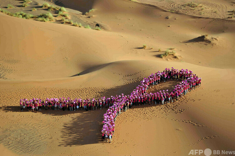 モロッコの砂漠に人文字で描かれた乳がん啓発運動のシンボル「ピンクリボン」（2012年10月16日撮影）。(c)JULIEN ROCHER : FLASHSPORT : AFP