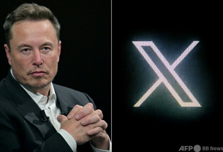 実業家イーロン・マスク氏とXのロゴ（2023年10月10日作成）。(c)Alain JOCARD : AFP