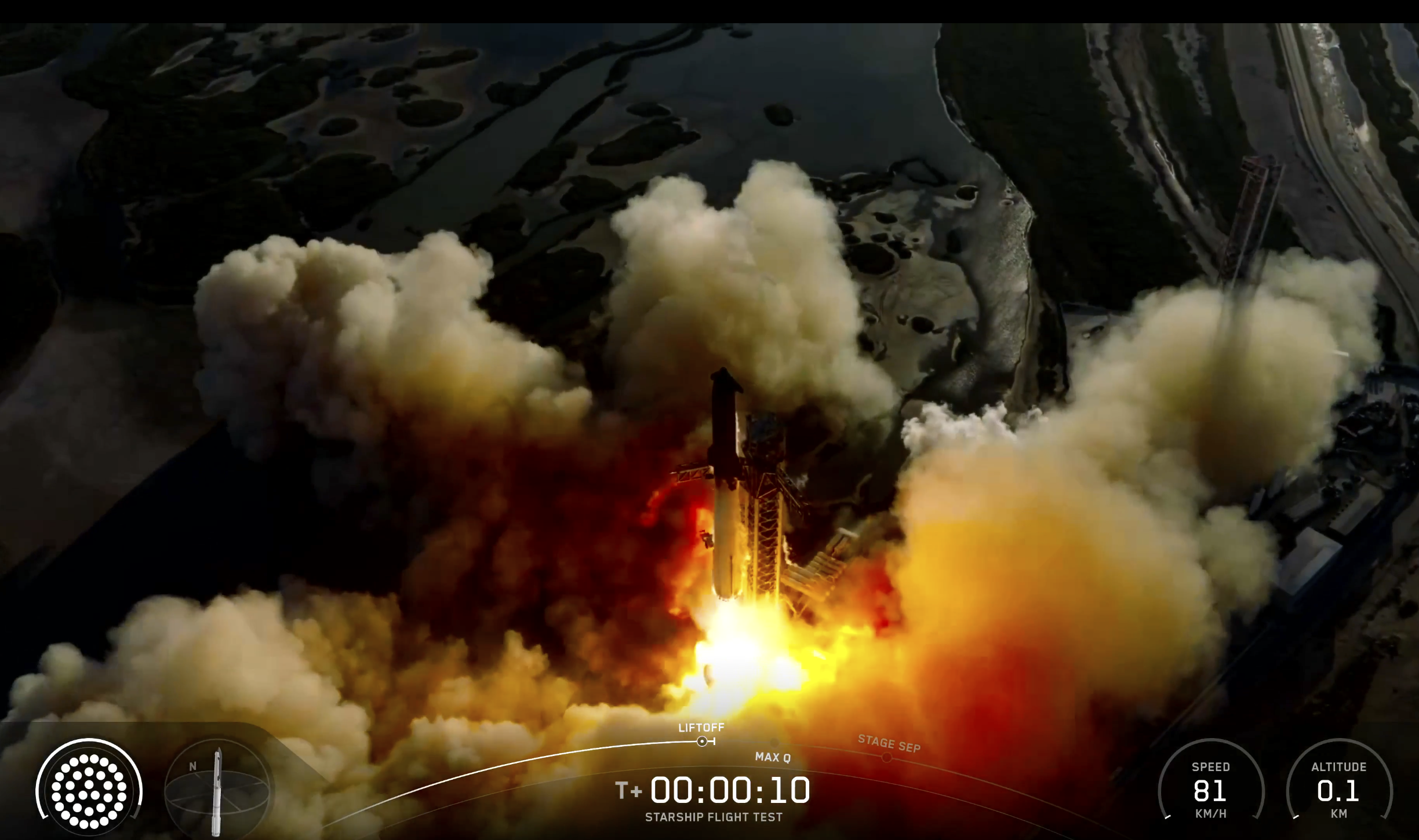 スターシップ打ち上げ時の様子（スペースXのアーカイブ動画からキャプチャ）