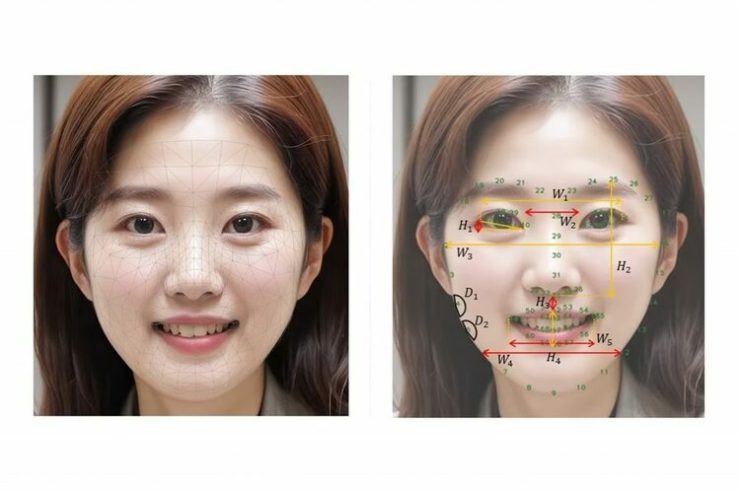 AIを活用した顔特徴点抽出技術の例(左)と、顔の部位別に定義した6種類の老化指標の例(右)=LG生活健康提供(c)news1