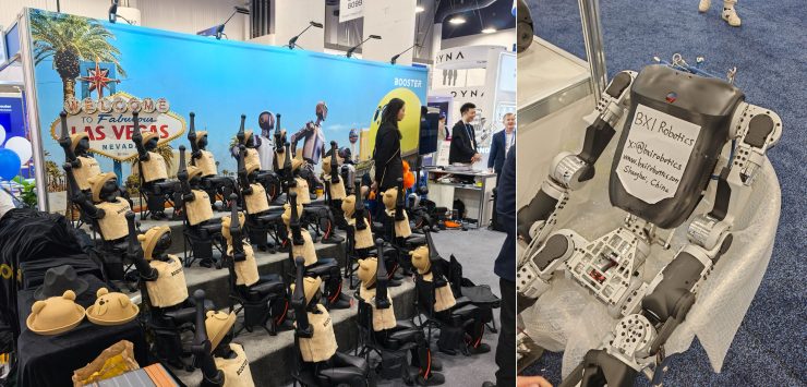量産をアピールするBooster Robotics（左）開発中のロボットを見せるBXI Robot（右）