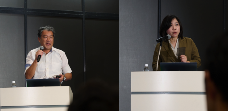 「Tomorrow’s Startupsピッチ&ミーティング」に登壇した、株式会社e6s技術顧問 中野和典氏（左）と、株式会社eZovインターナショナル代表取締役社長 鈴木雪子氏（右）