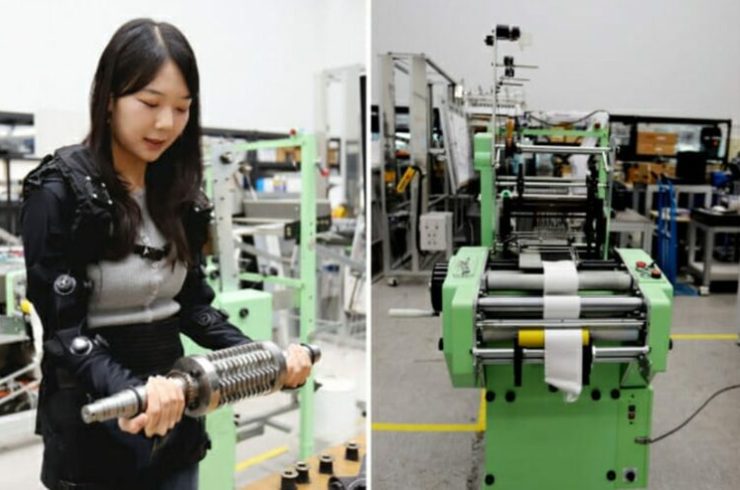 軽量な衣服型ウェアラブルロボットの性能を試験する韓国機械研究院の学生研究員（左）と筋肉繊維自動織機(c)KOREA WAVE